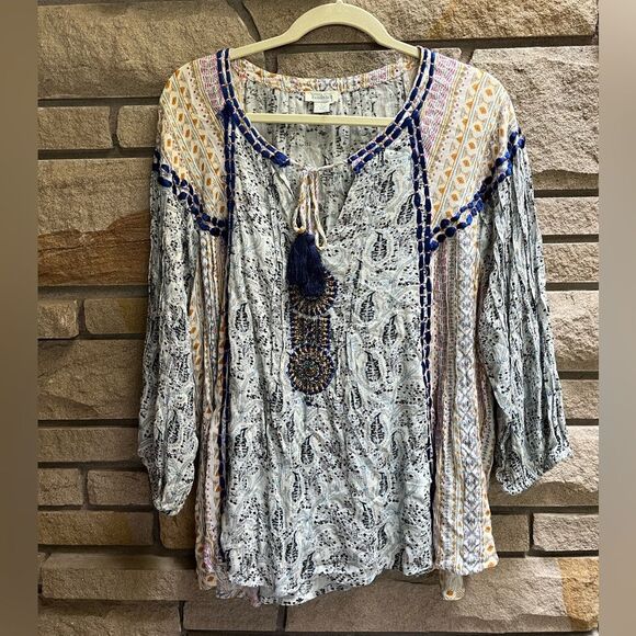 Sundance WANDRESS Pullover Peasant Boho Top Blouse White Blue Tassels Large - Picture 2 of 10